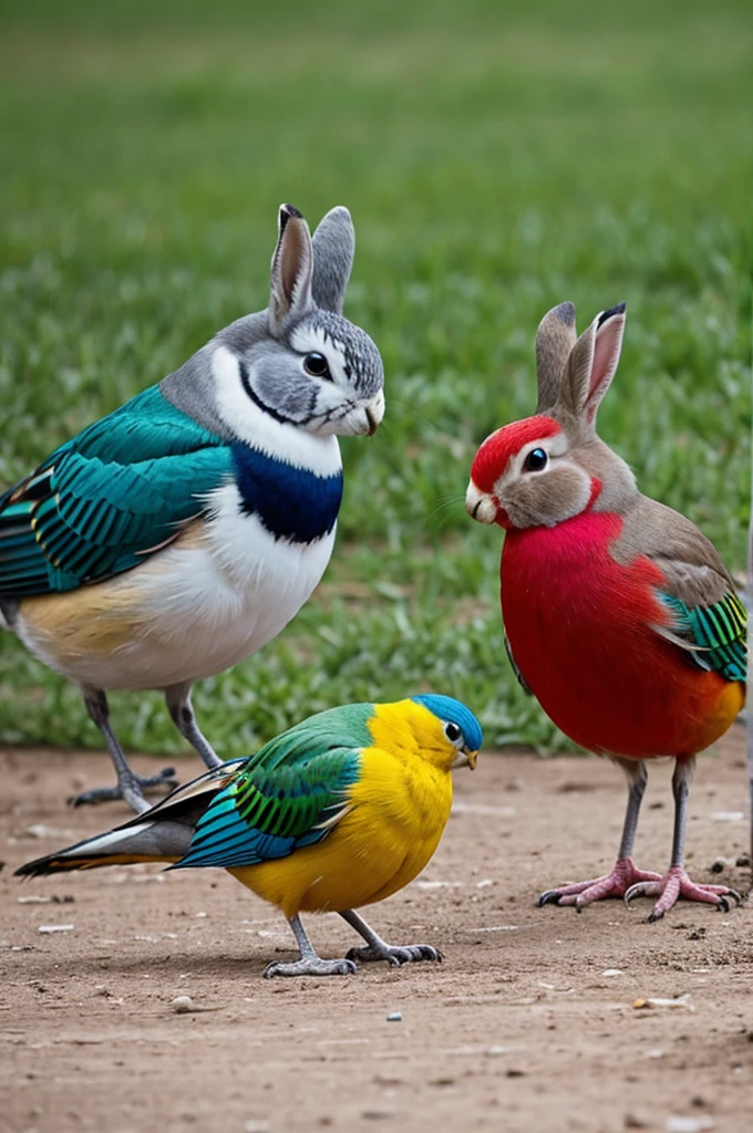 Colorful birds playing with rabbit