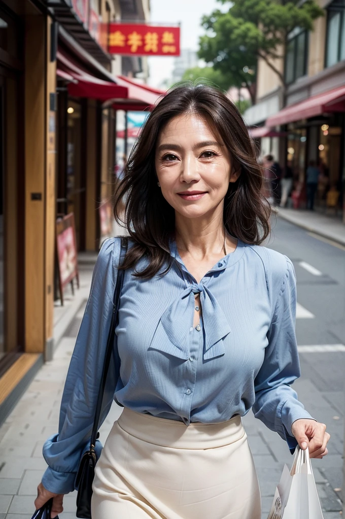 (looking to the side : 1.3), (detailed beautiful face), (masterpiece:1.4), (65-year-old woman:1.5),(facial wrinkles :1.2), smile, mid-length Hair, beautiful Mature Woman, pores, skin blemishes, dull skin, detailed skin, elegant blouse and long skirt, shopping mall, holding a bag, walking, detailed background
