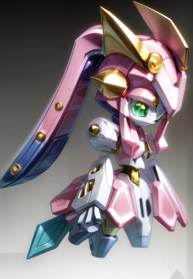 A solo pink and pupple Medabot with gold trim with no mouth and glowing eyes and long hair high ponytail, high detail, simple background, masterpiece,4k,8HD,mermaid