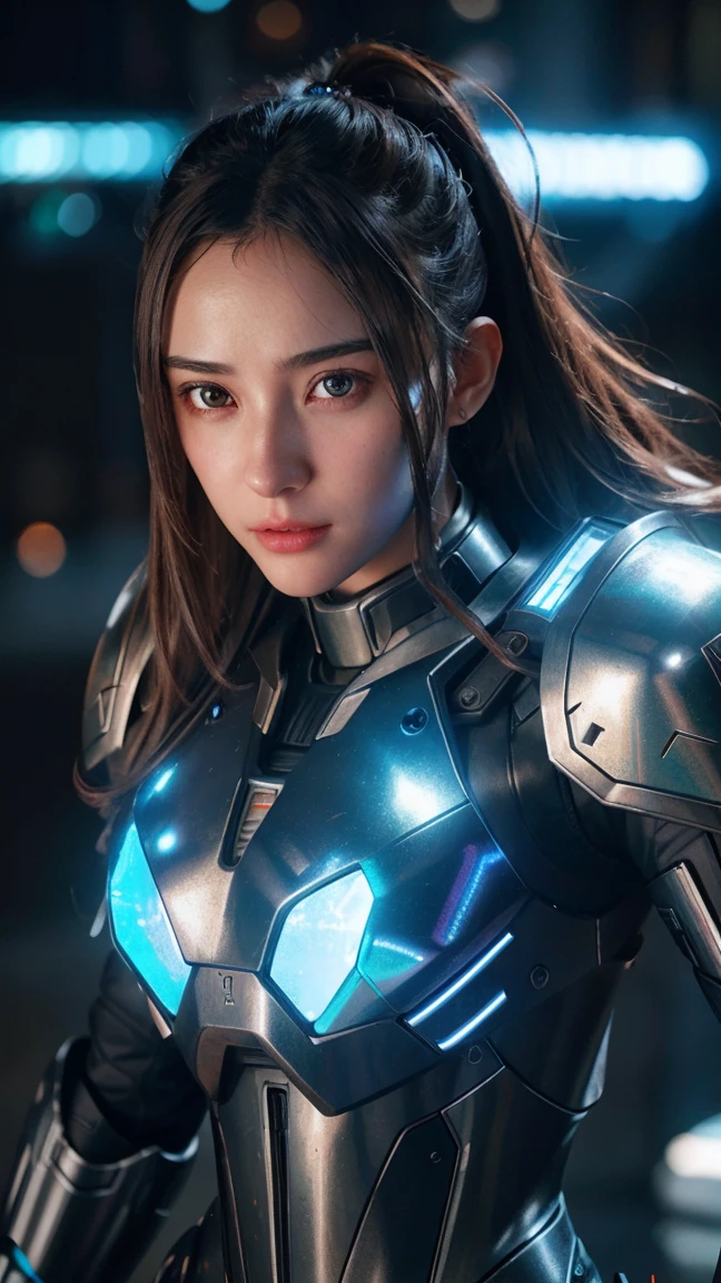 A mecha girl, highly detailed, intricate mech suit, glowing blue energy, dramatic lighting, cinematic composition, photorealistic, hyper detailed, 8k, (best quality,4k,8k,highres,masterpiece:1.2),ultra-detailed,(realistic,photorealistic,photo-realistic:1.37),detailed mechanical parts,futuristic technology,complex machinery,glowing displays,holographic interface,advanced weapons systems,dynamic pose,strong female character,intense expression,piercing eyes,beautiful detailed face,long striking hair,sleek metallic armor,powerful thrusters,glowing energy orbs,cinematic camera angle,moody dramatic lighting,vibrant neon colors,cyberpunk aesthetic