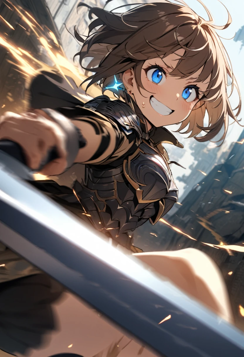 Brat, ((masterpiece)), High resolution, 、girl、 Brown Hair、Short Bob、((smile、Grin))、Excited、Sweating all over the body、Bright Blue Eyes、smile、((Grin))、Earrings、(((Hold the long sword with both hands、Cut in half)))、((Deathblow、mystery))、Sparks fly、Disturbed、Light、Strong winds、highlight、Motion Blur、Tattered Armor(mini skirt、wind lift:0.5)、Shallow depth of field、final battle、Fantastic、Mr.々From an angle、Mr.々Look in the direction