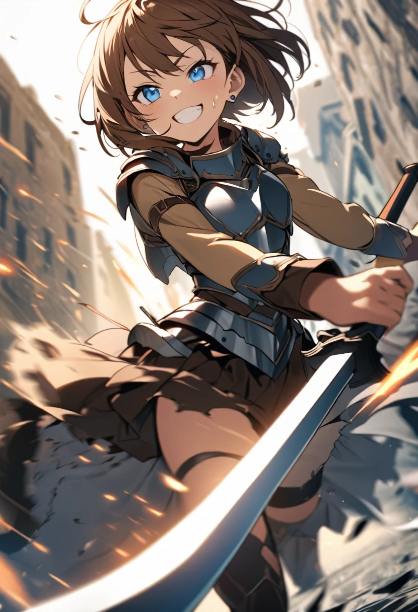 Brat, ((masterpiece)), High resolution, 、girl、 Brown Hair、Short Bob、((smile、Grin))、Excited、Sweating all over the body、Bright Blue Eyes、smile、((Grin))、Earrings、(((Hold the long sword with both hands、Cut in half)))、((Deathblow、mystery))、Sparks fly、Disturbed、Light、Strong winds、highlight、Motion Blur、Tattered Armor(mini skirt、wind lift:0.5)、Shallow depth of field、final battle、Fantastic、Mr.々From an angle、Mr.々Look in the direction