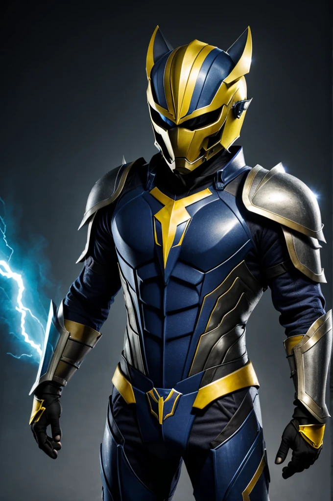 Make a man with a dark blue suit similar to armor but with a yellow Thunder logo on the chest, with gray bracelets, and a helmet with pointed ears and yellow thunder on the forehead, sharp claws and with its helmet similar to a wolf, you can see his mouth when he has the helmet on, light pearly skin