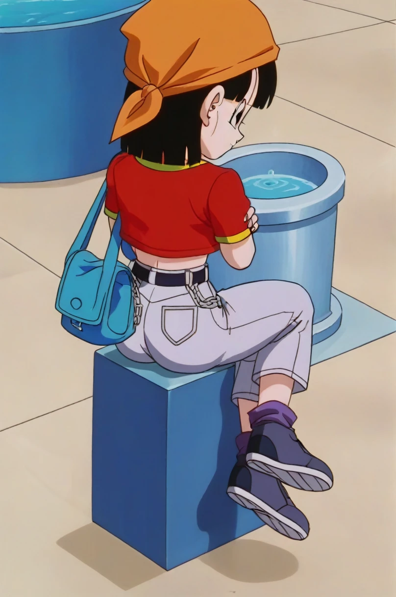 fountain_cheered up, score_9, score_8_above, score_7_above, cheered up screencap,8k, absurd resolution,
Pan \(Dragon Ball\), 1 girl, Alone, looking at the viewer, short hair, hits, black fur, session, whole body, blue bag, black eyes, crossed arms, crossed legs, schoolbag, denim, NSFW, naked, sexy butt, orange scarf, retro artStyle, female , grey Pants, Waist bag, v shaped eyebrows, from below, rock, diaphragm, clavicle, 1990s \(Style\)