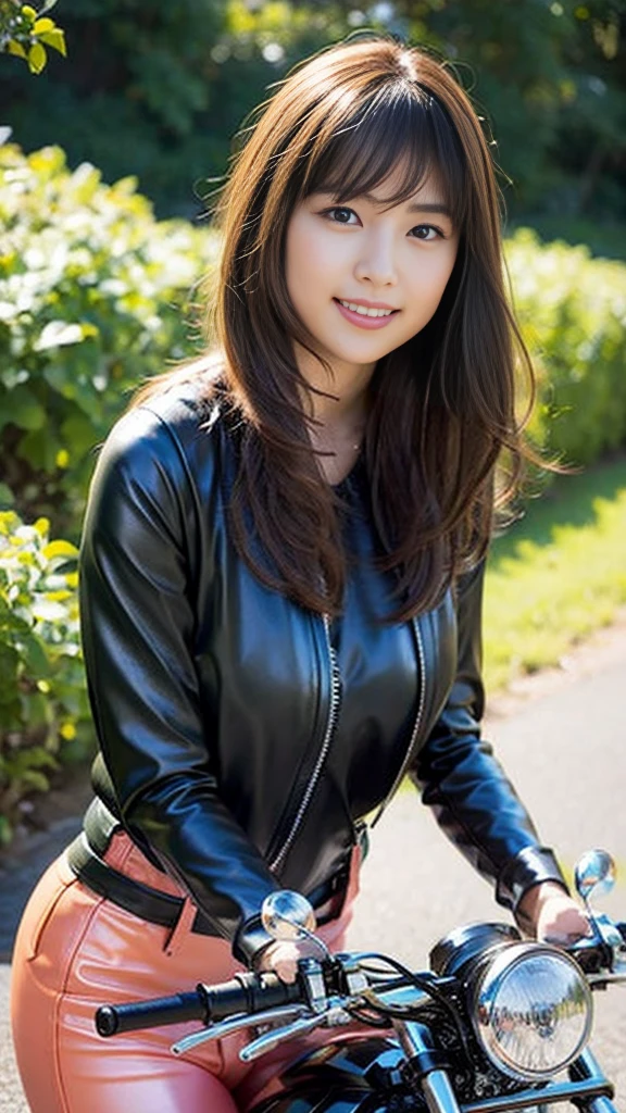 Close-up of a cute Japanese girl riding a motorcycle,Wearing pink leather jumpsuit、Japanese big bikes、
