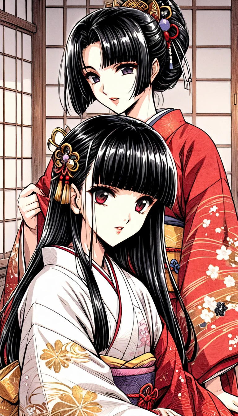 ((Highest quality)), ((masterpiece)), (detailed), （Perfect Face）、（The woman is a -yeld press from the Sengoku period in Japan., Long black hair and a beautiful face　Located in a luxurious samurai residence.、The woman is wearing a Japanese white kimono with a richly embroidered red shiny robe over it.　The red robe worn by Japanese princesses　Her hair is styled in a straight hime cut.　It is decorated with gorgeous ornaments from the Edo period.,   She gets her kimono flipped over by two women and gets a dildo inserted