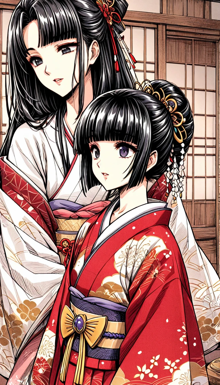 ((Highest quality)), ((masterpiece)), (detailed), （Perfect Face）、（The woman is a -yeld press from the Sengoku period in Japan., Long black hair and a beautiful face　Located in a luxurious samurai residence.、The woman is wearing a Japanese white kimono with a richly embroidered red shiny robe over it.　The red robe worn by Japanese princesses　Her hair is styled in a straight hime cut.　It is decorated with gorgeous ornaments from the Edo period.,   She gets her kimono flipped over by two women and gets a dildo inserted