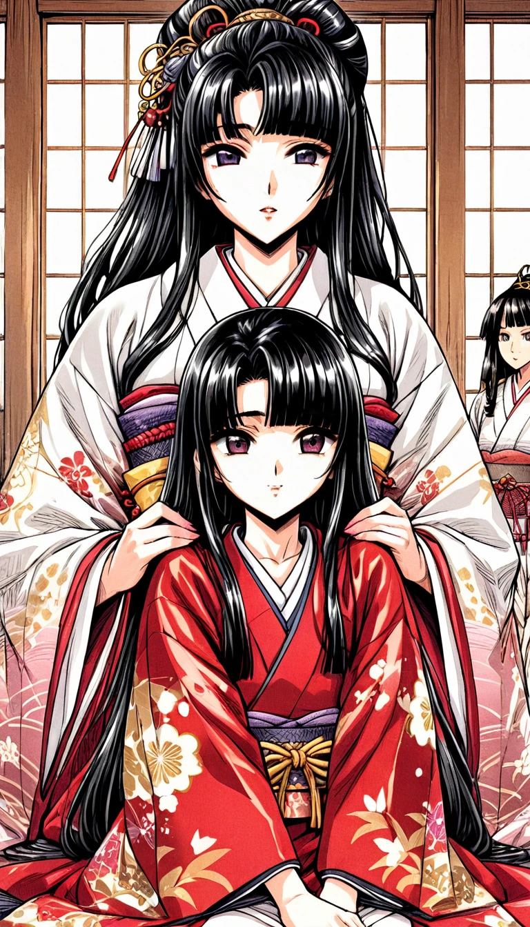 ((Highest quality)), ((masterpiece)), (detailed), （Perfect Face）、（The woman is a 12-year-old princess from the Sengoku period in Japan., Long black hair and a beautiful face　Located in a luxurious samurai residence.、The woman is wearing a Japanese white kimono with a richly embroidered red shiny robe over it.　The red robe worn by Japanese princesses　Her hair is styled in a straight hime cut.　It is decorated with gorgeous ornaments from the Edo period.,   She gets her kimono flipped over by two women and gets a dildo inserted