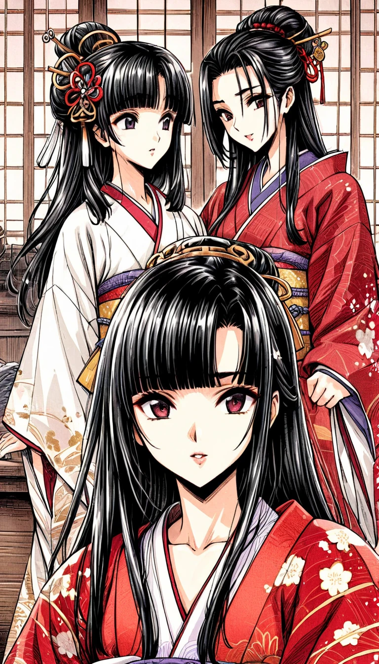 ((Highest quality)), ((masterpiece)), (detailed), （Perfect Face）、（The woman is a -yeld press from the Sengoku period in Japan., Long black hair and a beautiful face　Located in a luxurious samurai residence.、The woman is wearing a Japanese white kimono with a richly embroidered red shiny robe over it.　The red robe worn by Japanese princesses　Her hair is styled in a straight hime cut.　It is decorated with gorgeous ornaments from the Edo period.,   She gets her kimono flipped over by two women and gets a dildo inserted