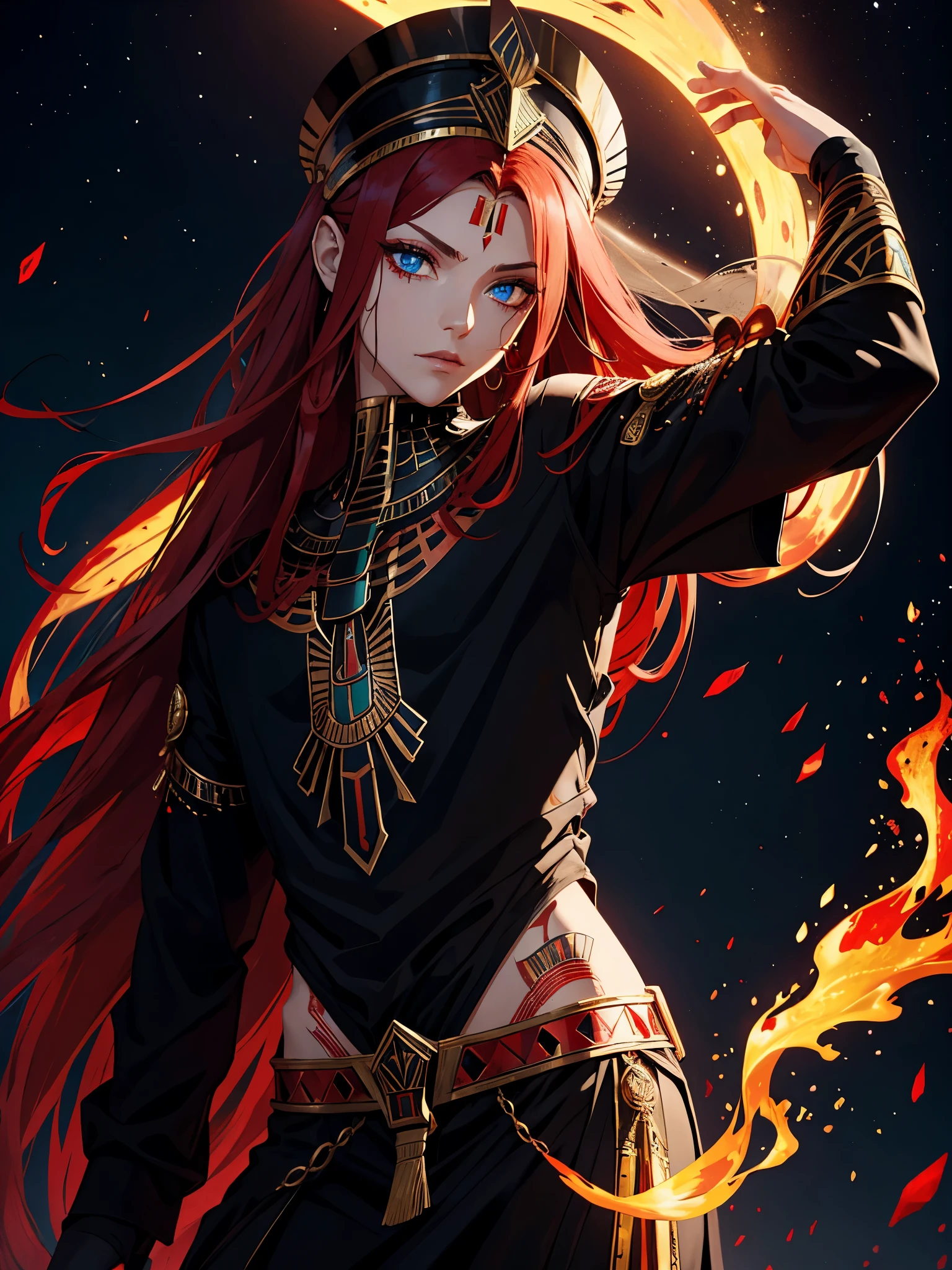 Egyptian deity Seth. long red hair, black colored clothes, red clothes. silver jewelry. light skin. Desert. Thron. Tattoos, Egyptian. blue eyes. Rotes Make Up. Feuer. Flammen. Lichter.