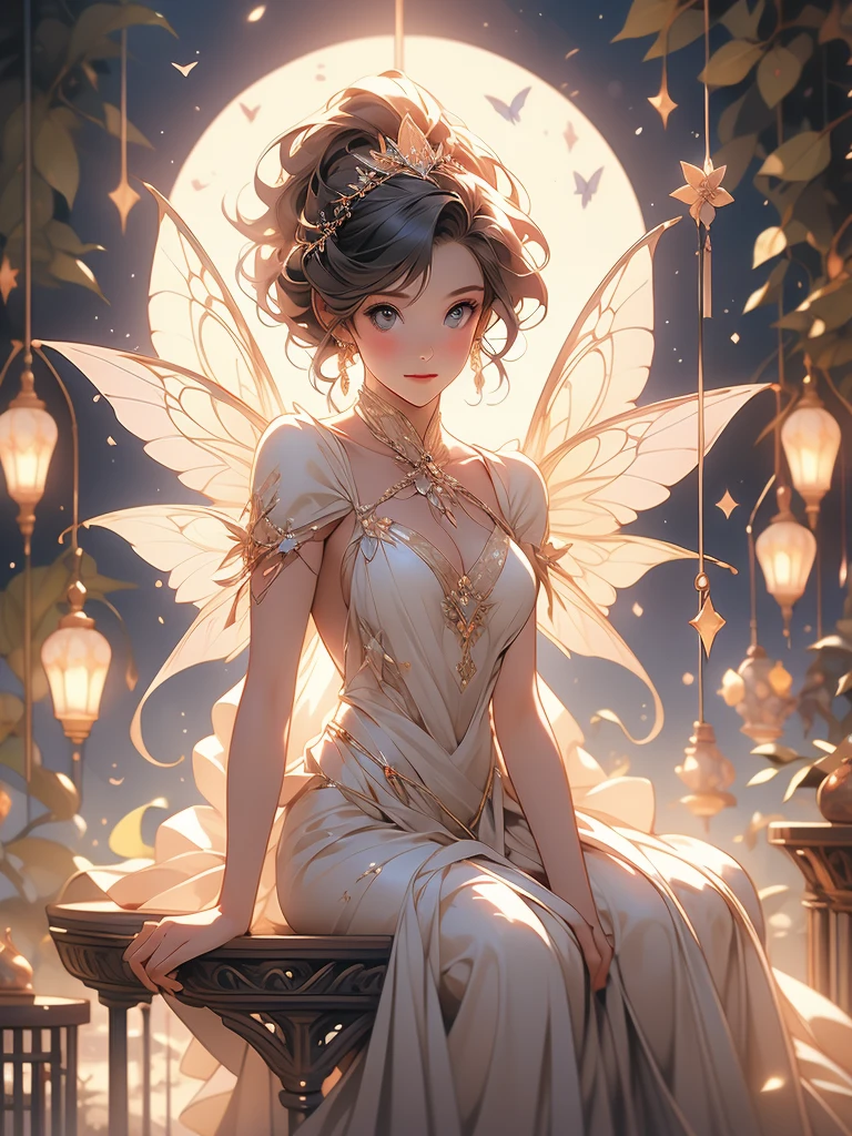 there is a fairy sitting on a crescent with a lantern, the moonlit dance of the fae, a beautiful pole dancing fairie, by Alison Kinnaird, fairy cgsociety, beautiful fairie, faerie, beautiful faery sorceress, fantasy gorgeous lighting, by Nene Thomas, beautiful fantasy art, very beautiful fantasy art, inspired by Alison Kinnaird