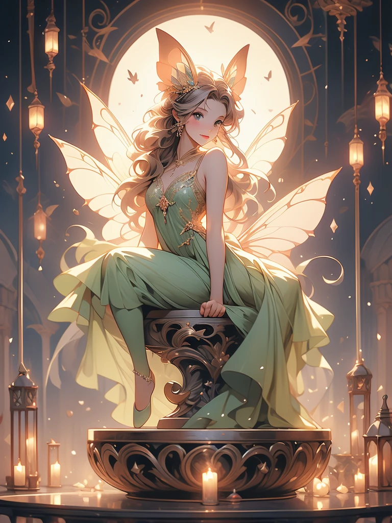 there is a fairy sitting on a crescent with a lantern, digital art by Alison Kinnaird, trending on deviantart, fantasy art, the moonlit dance of the fae, a beautiful pole dancing fairie, fairy cgsociety, beautiful fairie, faerie, beautiful faery sorceress, fantasy gorgeous lighting, beautiful fantasy art, very beautiful fantasy art