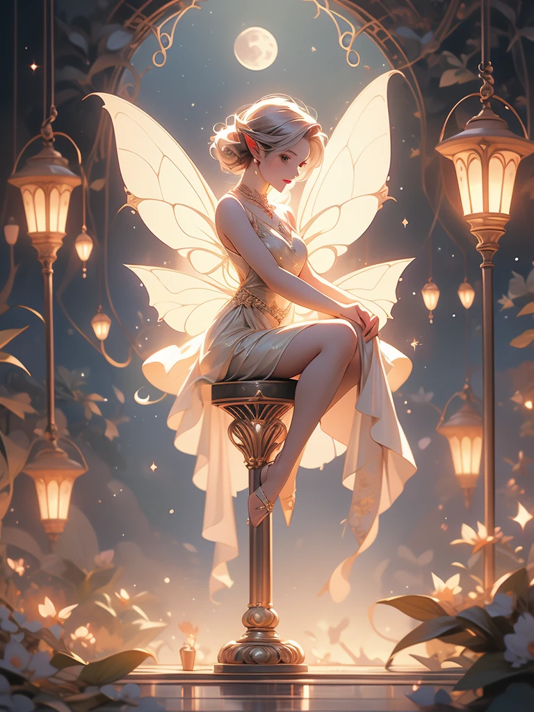 there is a fairy sitting on a crescent with a lantern, digital art by Alison Kinnaird, trending on deviantart, fantasy art, the moonlit dance of the fae, a beautiful pole dancing fairie, fairy cgsociety, beautiful fairie, faerie, beautiful faery sorceress, fantasy gorgeous lighting, beautiful fantasy art, very beautiful fantasy art
