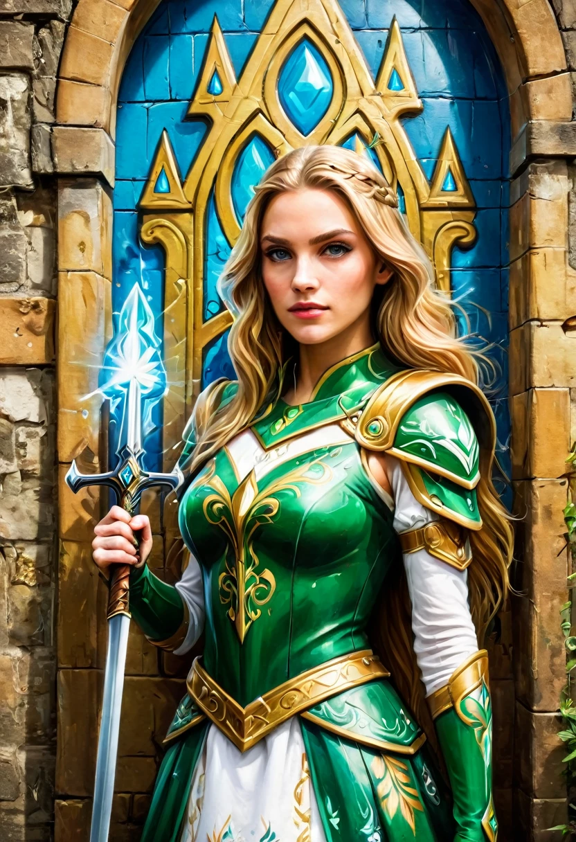 a graffiti painting art on the wall of the castle of  Princess Zelda on the wall of a castle, ,Princess Zelda (intense details, Masterpiece, best quality: 1.5), wearing intricate green dress, delicate diamond crow, ultra detailed face, ultra feminine, fair skin, exquisite beauty, gold hair, long hair, wavy hair, small pointed ears, dynamic eyes color, wearing heavy green and white armor, shinning metal, armed with elven sword, ais-graffiti, chumbasket art style, graffiti art
