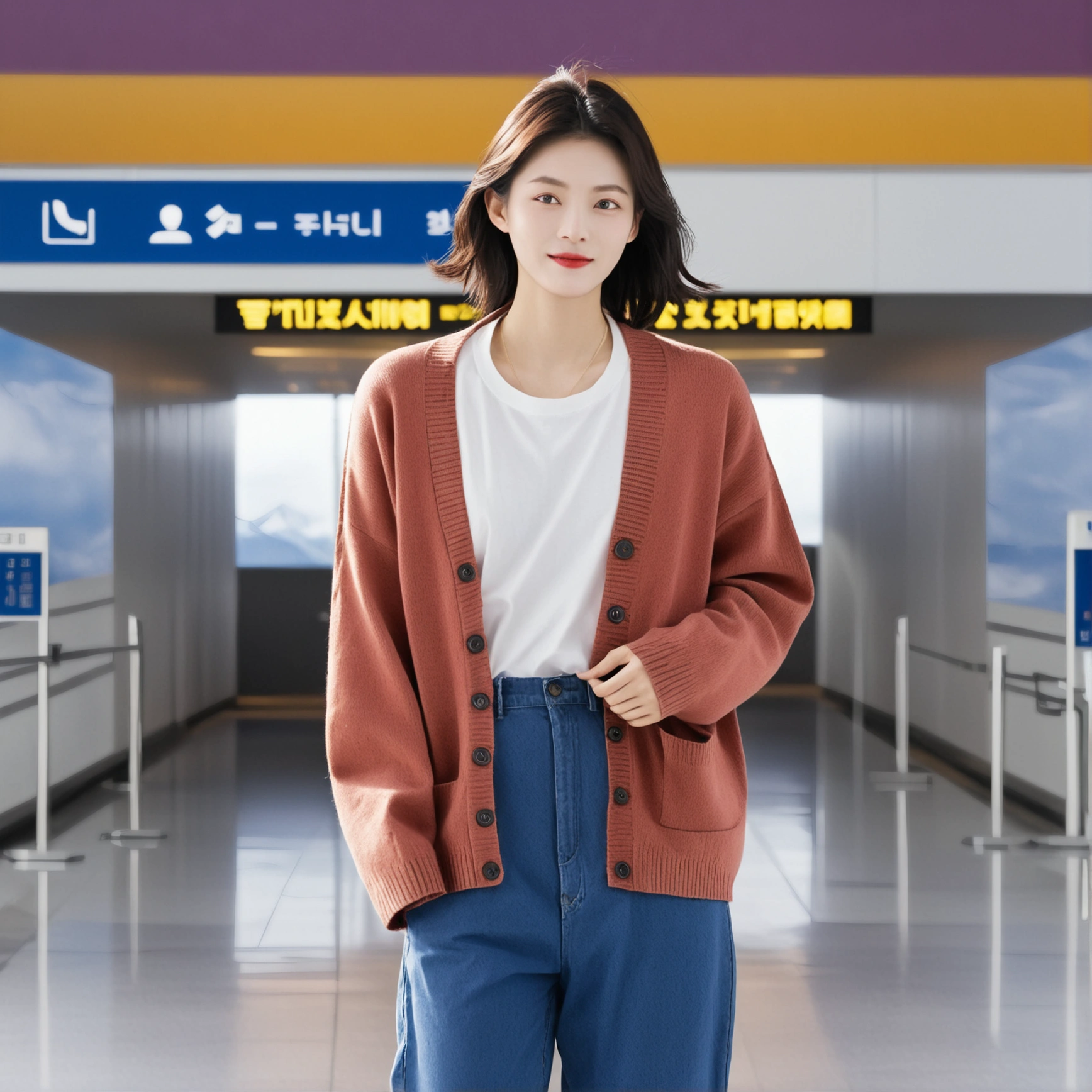 He wore a white T-shirt, a luxury brand cardigan, and beige casual pants.아름다운 한국 여자 , 32 인치 가슴 사이즈, 눈이 크고 예쁘네요. Standing in the departure hall of the airport. . 짧은 중간 머리, He wore a white T-shirt, a luxury brand cardigan, and beige casual pants. 웃다, 짧은 중간 머리, UH