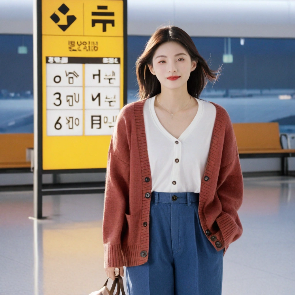 He wore a white T-shirt, a luxury brand cardigan, and beige casual pants.아름다운 한국 여자 , 32 인치 가슴 사이즈, 눈이 크고 예쁘네요. Standing in the departure hall of the airport. . 짧은 중간 머리, He wore a white T-shirt, a luxury brand cardigan, and beige casual pants. 웃다, 짧은 중간 머리, UH