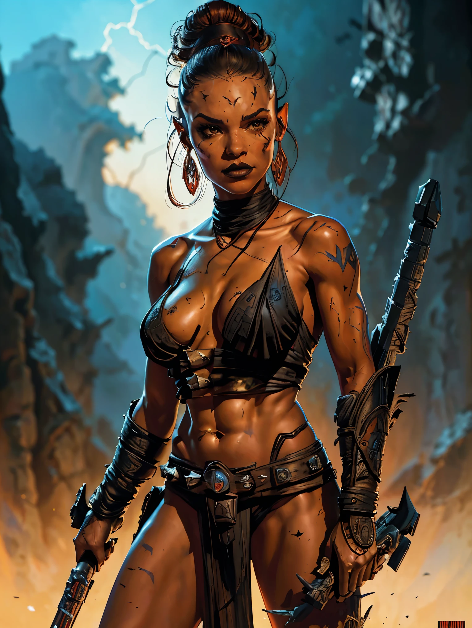 a female Darth Maul sith based on Zendaya, Star Wars, highly detailed cinematic fantasy portrait, black outlining, full color illustration, in the style of BORIS VALLEJO & JULIE BELL, masterpiece, 8k, ultra-detailed, physically-based rendering, vivid colors, dramatic lighting, intricate background, photorealistic