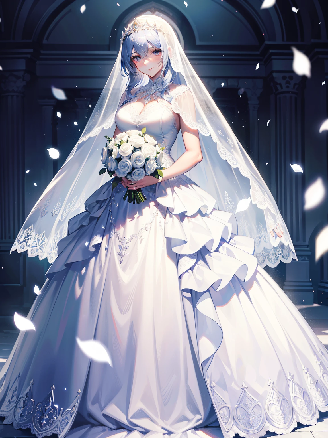 a beautiful young woman wearing a stunning white wedding dress, with intricate lace details, a full skirt, and a flowing veil, standing gracefully and holding a bouquet of flowers, smiling radiantly, in an elegant, romantic pose, with a soft, glowing lighting effect, highly detailed and photorealistic, cinematic lighting, stunning colors, 8k, best quality, masterpiece