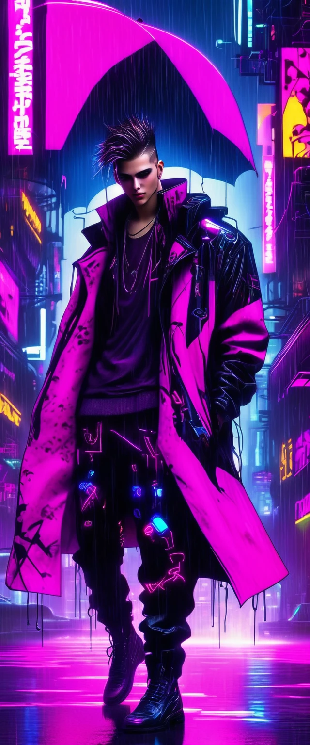 (Masterpiece, Best Quality, high resolution, 32k drive wallpaper, Extremely detailed CG:1), (weak illustration on stage:1.0), ((****ung and handsome cyberpunk:1.5 dancing in the rain:1.7 )),(( cyberpunk night city:1.4)), neon signs futuristic cars,dark place rain, ((wet clothes magenta neon lights perfectly illuminating the young man:1.45) . 32k