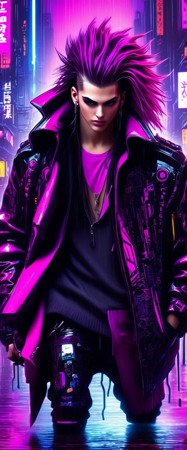 (Masterpiece, Best Quality, high resolution, 32k drive wallpaper, Extremely detailed CG:1), (weak illustration on stage:1.0), ((1 young and handsome cyberpunk:1.5 dancing in the rain:1.7 )),(( cyberpunk night city:1.4)), neon signs futuristic cars,dark place rain, ((wet clothes magenta neon lights perfectly illuminating the young man:1.45) . 32k