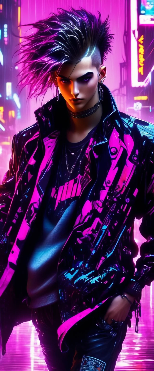 (Masterpiece, Best Quality, high resolution, 32k drive wallpaper, Extremely detailed CG:1), (weak illustration on stage:1.0), ((****ung and handsome cyberpunk:1.5 dancing in the rain:1.7 )),(( cyberpunk night city:1.4)), neon signs futuristic cars,dark place rain, ((wet clothes magenta neon lights perfectly illuminating the young man:1.45) . 32k