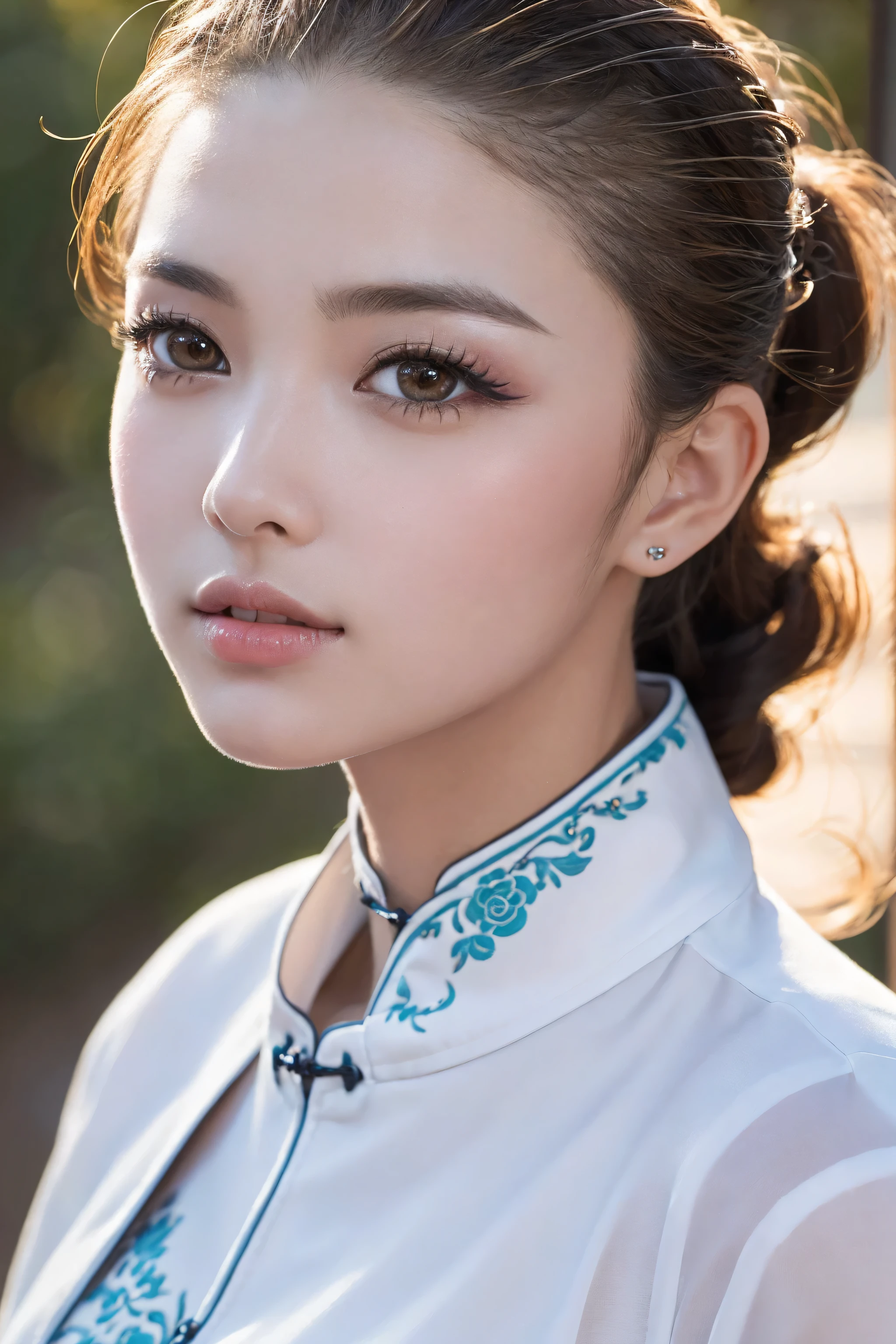 (absurd quality,16k,highres,masterpiece:1.2), ultra details,UHD,(photorealistic Realism 16K Quality), (1woman:1.3 22-year-old), (best detail quality, realistic texture: skin, hair), (the most absurd quality perfect eyes), (super beautiful cute sharp-face), (light pale complexion), (clear no blur and sharp perfect round realistic brown_eyes:1.35), finely detailed pupils, detailed lips:1.3, BREAK,. ((Fujicolor、daytime soft lighting)、fashion supermodel、((curly heban hair (slicked to the two side) Intricately detailed:1.35)),. BREAK, (pink_makeup:1.25),. BREAK,. ((Classic and sexy ((white)) cheongsam)、Detailed blue decoration:1.25)),. BREAK,. (Fitted clothing:1.3)、dynamic pose、((close-up of her face:1.35)), (no decorations in the hair), (dark shot:1.2),