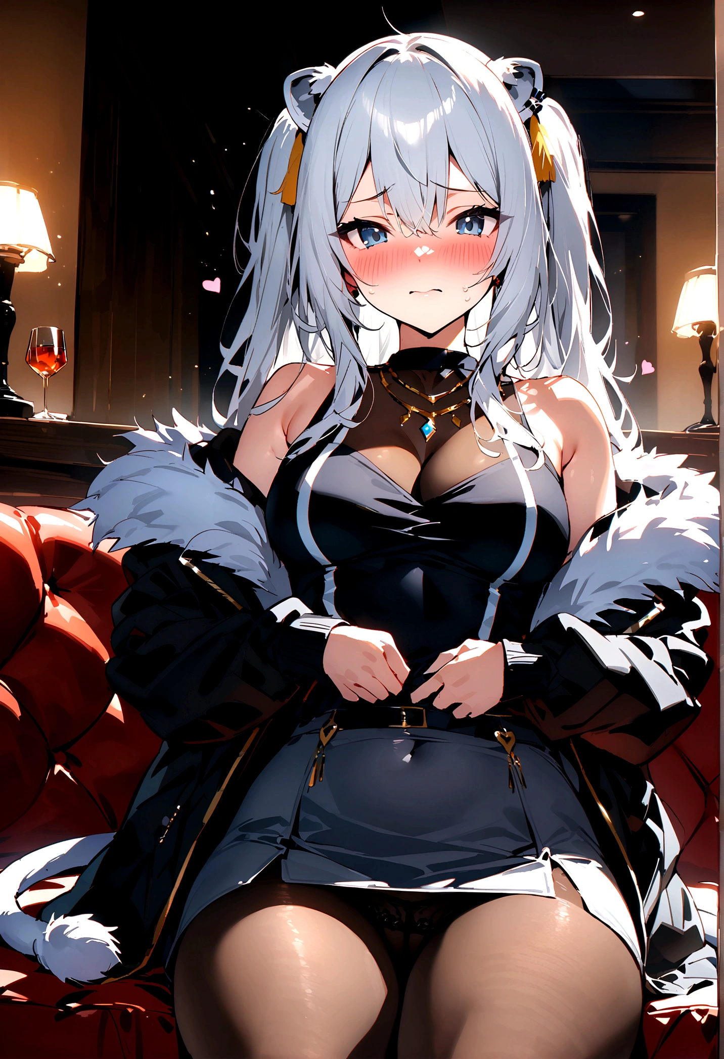 NSFW,masterpiece,Highest quality,High resolution,Super detailed,Shishirabotan\(Hololive\),Long Hair、Two Side Up、Earrings、Lion's Tail,necklace、Black Shirt、Sleeveless shirt、abdomen、See-through、Grey Skirt、片足pantyhose、pantyhose、fur-trimmed jacket、Black jacket、Off the shoulder,Black sexy panties,Embarrassed,blush,Luxurious Room,pub,Private room,sofa,Cocktail Glass,(Drunk),(Intoxication),Sitting,heart,Sexy pose,Panty shot,(Strong-faced men),A man puts his hands on her waist and hugs her