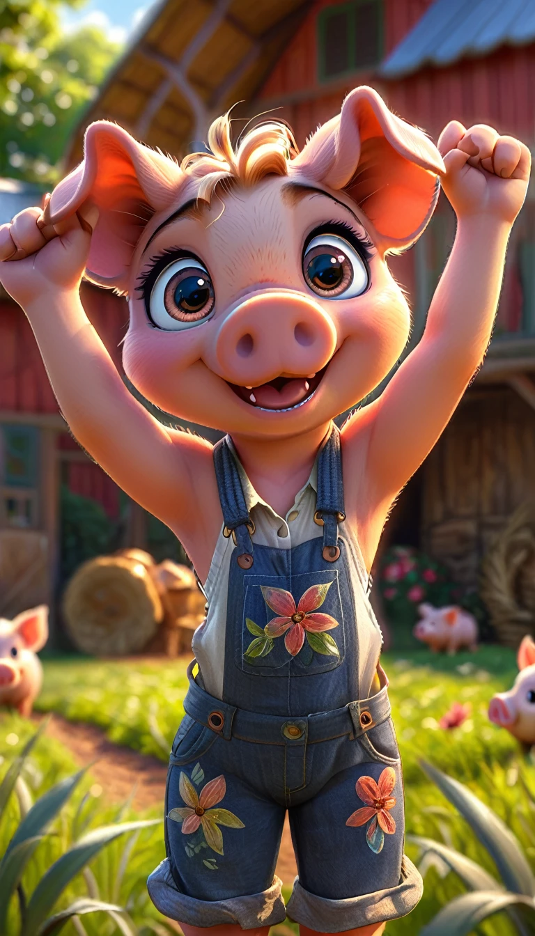 cute piggy, cartoon , arms, hands ,cute eyes, looking at viewer, arms up, farm clothes, piggy ears, flawless, detailed
