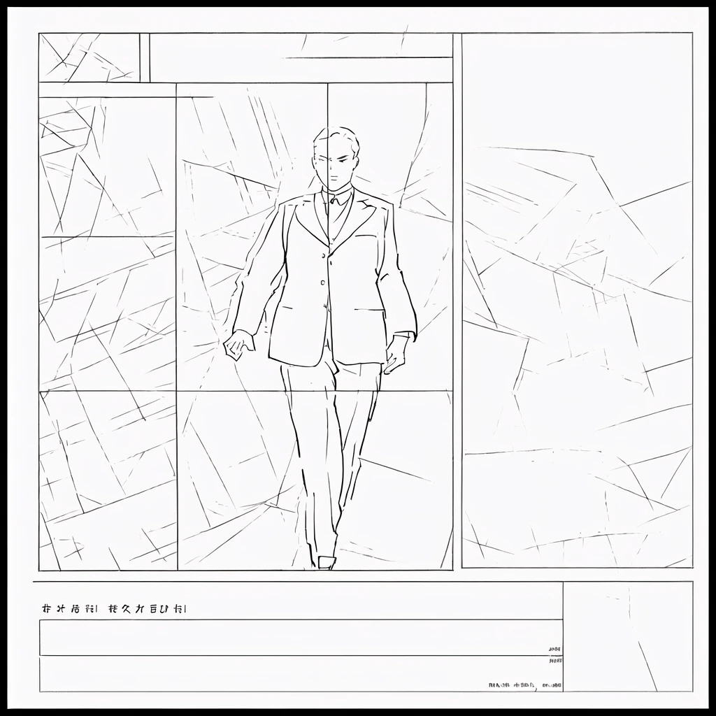 a drawing of a person in a suit and a window, Storyboard format, Graphic script, Graphic scripting, 3 panel action scenes, animático, keyframe, wireframe, action sequence, keyframe, Grid layout, model sheet, Design framework, Front side view Full sheet, template sheet, production art, anime keyframe, centered on panel, wireframes