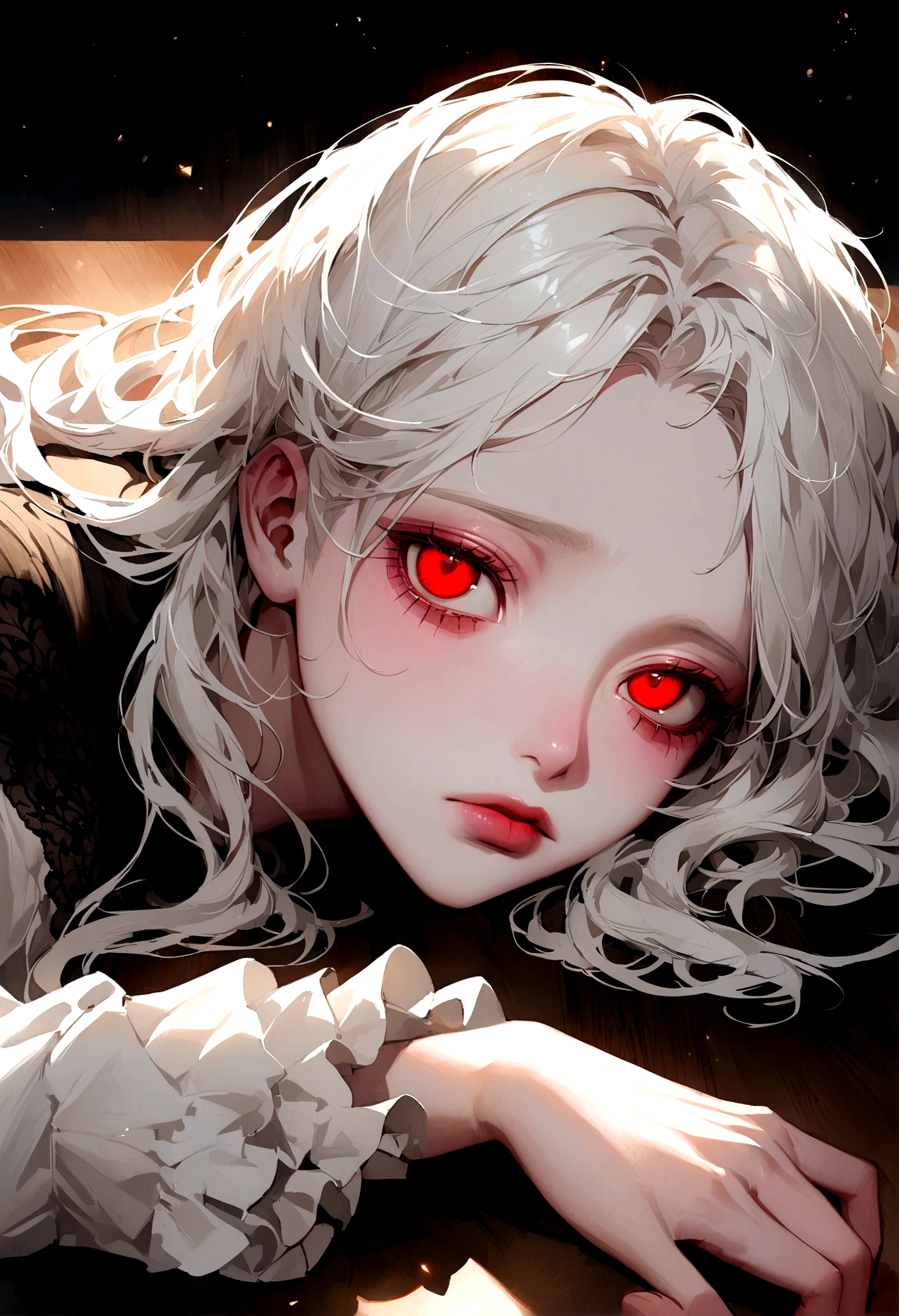 Be a boy with a pink complexion, beautiful eyes (red eyes) and deep as the night sky, half sad face lying on the table, white hair, looking at you, with an anime/semi-realistic style of art