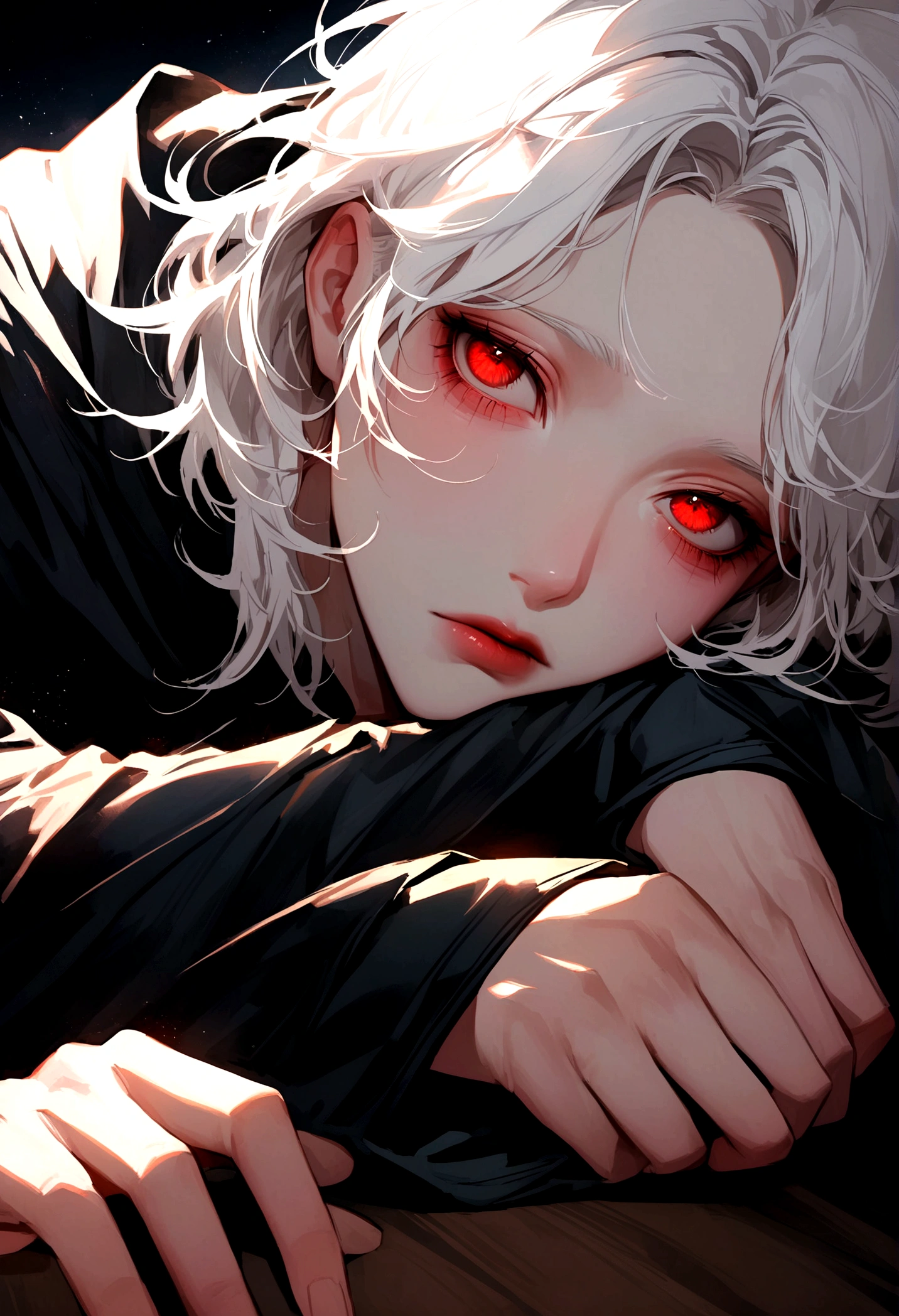 Be a boy with a pink complexion, beautiful eyes (red eyes) and deep as the night sky, half sad face lying on the table, white hair, looking at you, with an anime/semi-realistic style of art