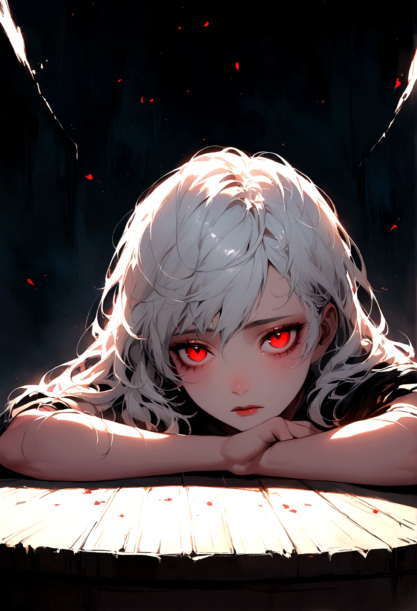 Be a boy with a pink complexion, beautiful eyes (red eyes) and deep as the night sky, half sad face lying on the table, white hair, looking at you, with an anime/semi-realistic style of art