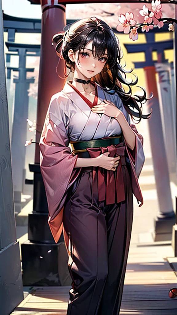 (masterpiece:1.2, highest quality, 8k, advanced details), (realistic, photorealistic:1.4), beautiful illustrations,
looking at the viewer, whole body, Front view:0.6,
((1 mature woman, 32 years old)), Japanese, ((long black hair:1.5, straight hair)), blown hair, bangs, hair between eyes , big breasts beautiful hair, beautiful hairstyle, beautiful face, beautiful and detailed eyes, (shining eyes:1.3), beautiful clavicle, beautiful body, beautiful breasts, beautiful thighs, beautiful feet, beautiful fingers, perfect anatomy:1.3, perfect anatomy,
((put your left hand on your chest:1.3)),
(Look at the viewer while blushing:1.3)
((hakama pants, choker:1.3)), ((shrine:1.6, within the territory, torii, Cherry blossom trees:1.3))