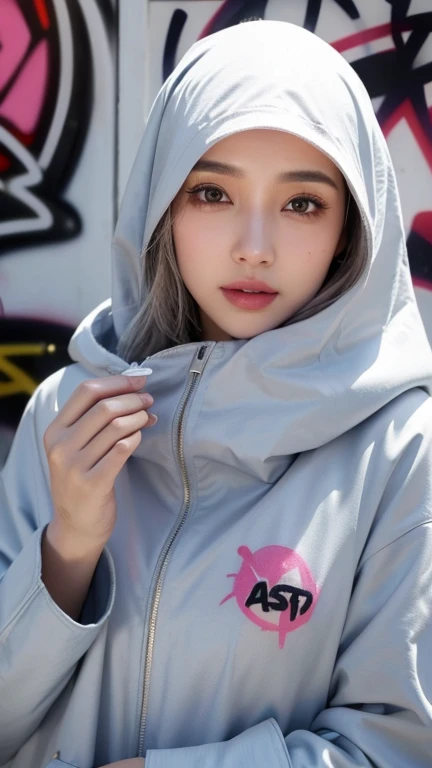 1girl, solo, pretty face, eyelashes, nose, glossy lips, (detailed eyes, looking at viewer, fair skin, white skin: 1.5), smooth skin, wearing hijab, 8k portrait of beauty in hijab, intricate, graceful, highly detailed, majestic, digital photography, hyper realistic, Masterpiece, Best Quality, All parts of the body except the face and hands are covered with clothing, Tudung, ((do not let the hair come out of the hijab)), full hijab, ((all parts of the body covered by clothes except the face)), Best Quality, (graffiti:1.5), paint splatter, jacket, On wall, paint can, looking at viewer, head slanted, clothing color palestine flag, (Wear a cyberpunk hooded military uniform), cyberpunk city