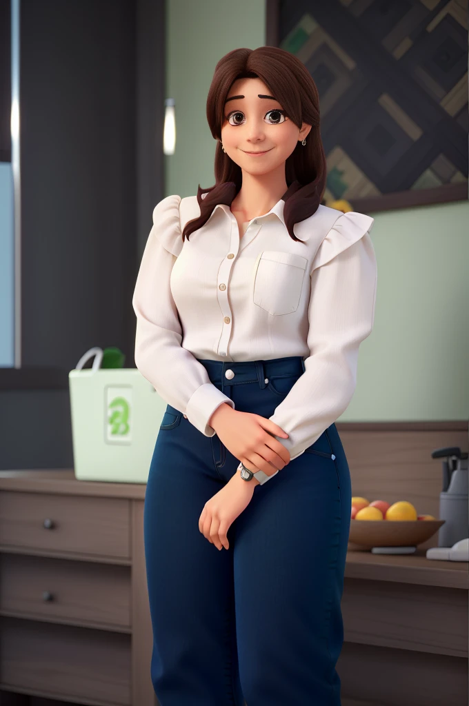 woman smiling standing, approximately 35 years old, fair skin, shoulder-length dark brown hair, brown eyes, wearing a green blouse and jeans, presenting a product