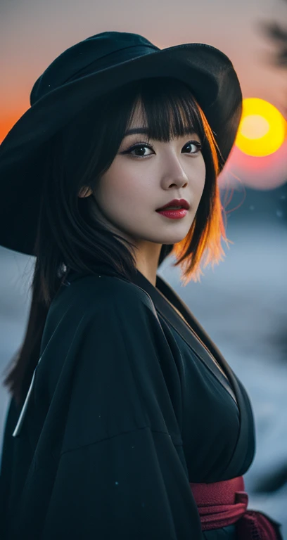 (A mysterious detailed woman in a black kimono dress & ridiculous straw hat, bob_hair_side_bangs, fair skin, dark lips, walking in a snowy night, dark background, dawn sunset, extremely detailed skin, extremely detailed eyes, Intellectual_charisma, depth of field, 8k, dslr, dim lighting, warm_focus_light, high quality, film grain, the_cowboy_shot) #ComicRelief #FashionDisaster