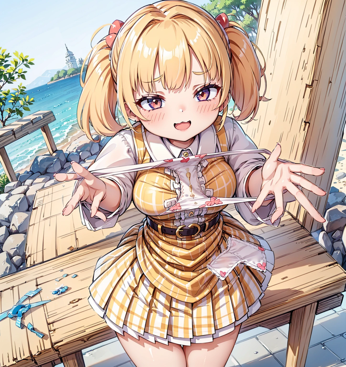 bionde, {{{Half Twin Tail:1.3}}}、shirt, blush, white shirt, hair ornaments, Manicure, Plaid skirt, Pleated skirt,
,Pay attention to the panties,
Looking down,View your audience,Panties as a gift,Tabletop, Highest quality, Perfect Skin, Detailed skin texture, Super detailed, 8K, Intricate details, Beautifully detailed face,High resolution,
Looking down at the viewer, masterpiece, (Panties are stained with pee)、(Pussy、Love Juice)、(body odor),perfect hands,(((1 girl,alone)))