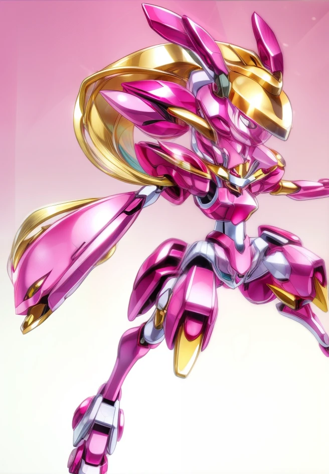 A solo pink and pupple Medabot with gold trim with no mouth and glowing eyes and long hair high ponytail, high detail, simple background, masterpiece,4k,8HD