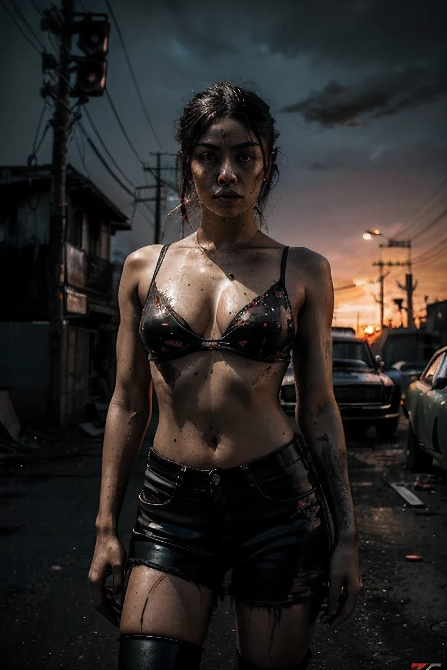 At night time, a Masterfully drawn (((comic Horror poster style))) for a (retrospective world) featuring a sleek, (((Dodge Charger muscle car))) blood splatter, blood drops stains, against a backdrop of a (sunset) on a desolate ruined city road atmosphere, a Asian beautiful woman is messy bun in thin camisole , large breasts, nipple, standing in front of scar, holding rifle 
automatic, evoking a sense of synthwave, advanced details that give the scene a (hyper realistic, 8K professional photography art) quality, with a (grungy) atmosphere that suggests an (eerie dark sinister mood), further advanced by the (calligraphy elements) , with the words "One Night In Bangkok" and (process colors) of a (maximalist photo illustration by Marton Bobzert) that brings all the details to life in (8K resolution)
