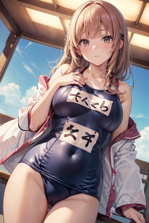 1 Girl,high school girl,((((Japanese School Swimsuit,Name tag on chest)))),High Cut,((Low Angle,The camera is between her thighs,Angle to look up so you can see the ceiling,)),(From directly below:1.7),((She's straddling the camera, looking down at me.)),((Highest quality, Vivid,8K, masterpiece :1.3)), (Realistic, photoRealistic:1.4),((Brown Skin)),(very fine and beautiful skin,Black gal),blonde, Black gal,,Very detailed,Cinema Lighting, Detailed light, Best Shadow, Dynamic Angle(From directly below:1.1),Between the legs:1.5,Super big breasts:1.6, Plump thighs, (Between the legsの割れ目:1.5),In the classroom