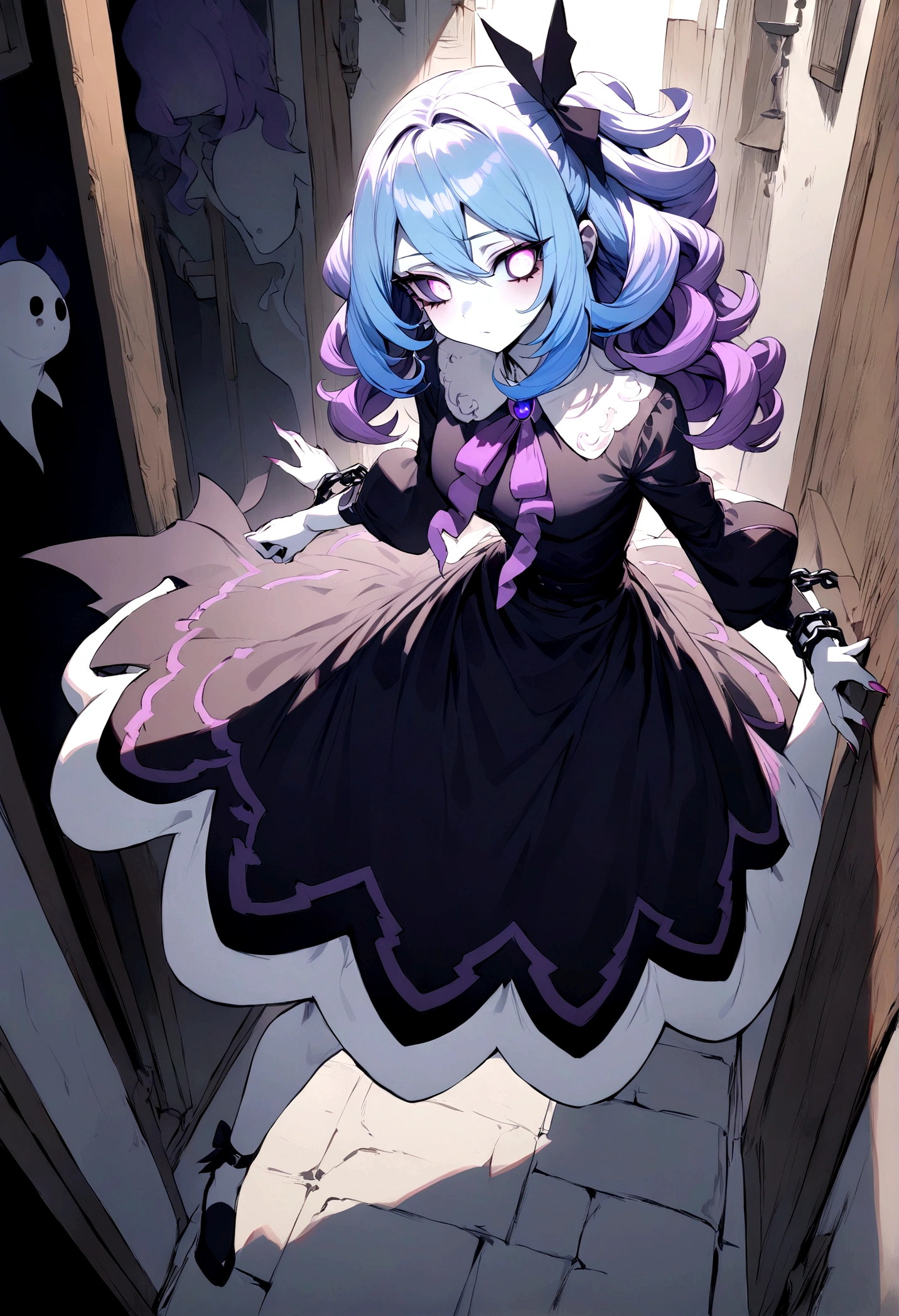 ((best quality)), ((highly detailed)), masterpiece, absurdres, detailed face, beautiful face, (detailed eyes, deep eyes), full body,  Long curly hair is shades of pastel blue, pink, and lavender, sparkling purple eyes, pale skin with a faint, Ghost fashion style with chains spooky ghost-themed