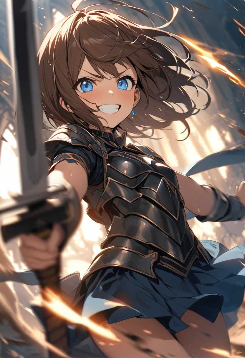 Brat, ((masterpiece)), High resolution, 、girl、 Brown Hair、Short Bob、((smile、Grin))、Excited、Sweating all over the body、Bright Blue Eyes、smile、((Grin))、Earrings、(((Hold the long sword with both hands、Cut in half)))、((Deathblow、mystery))、Sparks fly、Disturbed、Light、Strong winds、highlight、Motion Blur、Tattered Armor(mini skirt、wind lift:1.1)、Shallow depth of field、final battle、Fantastic、Mr.々From an angle、Mr.々Look in the direction