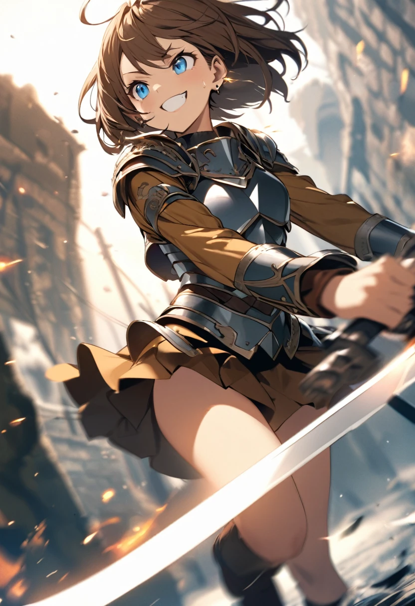 Brat, ((masterpiece)), High resolution, 、girl、 Brown Hair、Short Bob、((smile、Grin))、Excited、Sweating all over the body、Bright Blue Eyes、smile、((Grin))、Earrings、(((Hold the long sword with both hands、Cut in half)))、((Deathblow、mystery))、Sparks fly、Disturbed、Light、Strong winds、highlight、Motion Blur、Tattered Armor(mini skirt、wind lift:1.1)、Shallow depth of field、final battle、Fantastic、Mr.々From an angle、Mr.々Look in the direction