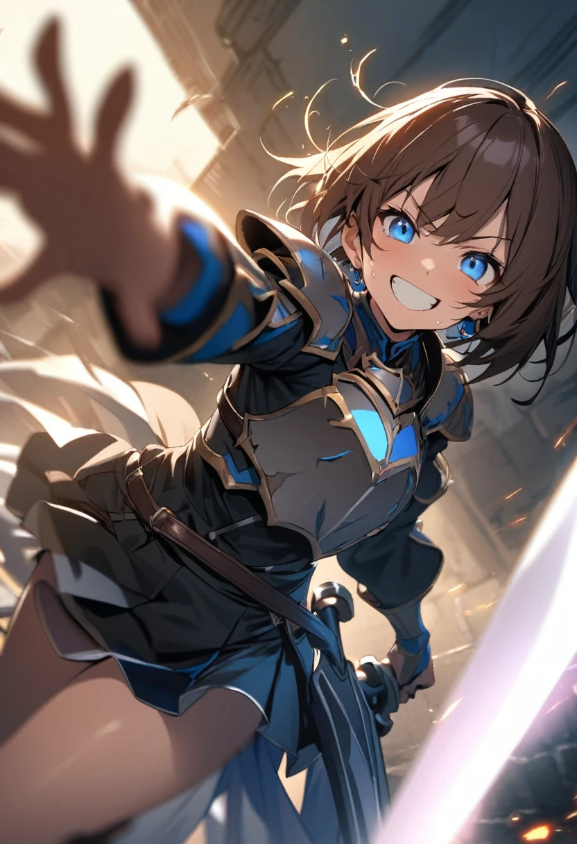 Brat, ((masterpiece)), High resolution, 10 years old、girl、 Brown Hair、Short Bob、((smile、Grin))、Embarrassed face、Sweating all over the body、Bright Blue Eyes、smile、((Grin))、Earrings、Disturbed、Light、Motion Blur、Simple armor、Footjob on a lying man&#39;s penis、semen dripping from penis