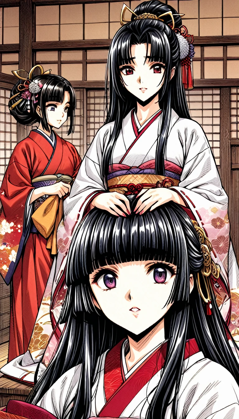 ((Highest quality)), ((masterpiece)), (detailed), （Perfect Face）、（The woman is a 12-year-old princess from the Sengoku period in Japan., Long black hair and a beautiful face　Located in a luxurious samurai residence.、The woman is wearing a Japanese white kimono with a richly embroidered red shiny robe over it.　The red robe worn by Japanese princesses　Her hair is styled in a straight hime cut.　It is decorated with gorgeous ornaments from the Edo period.,   With the help of two women, she has her kimono lifted and her pussy spread.