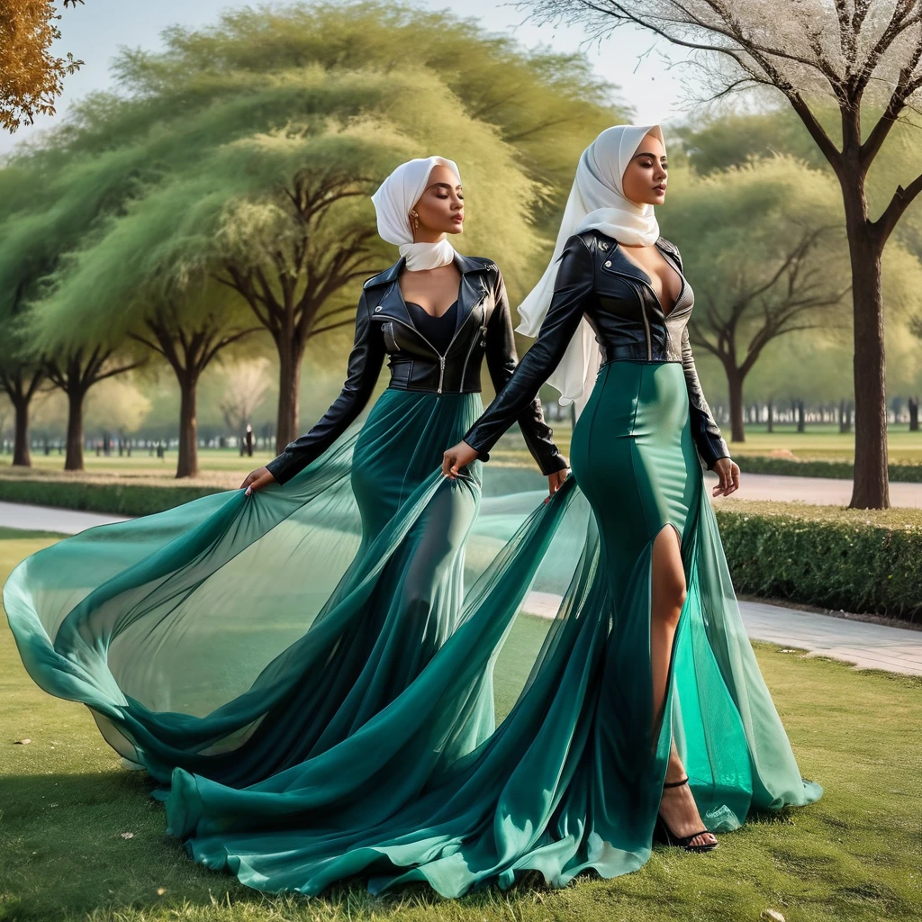 Two woman in long sheer fabric dress,wearing hijab, wear leather jacket, full body,mermaid tight long dress,very long flor length dress, tall women, in park, sexy face, winds blow her gown, sexy pose, masterpice, hyper realistic, 