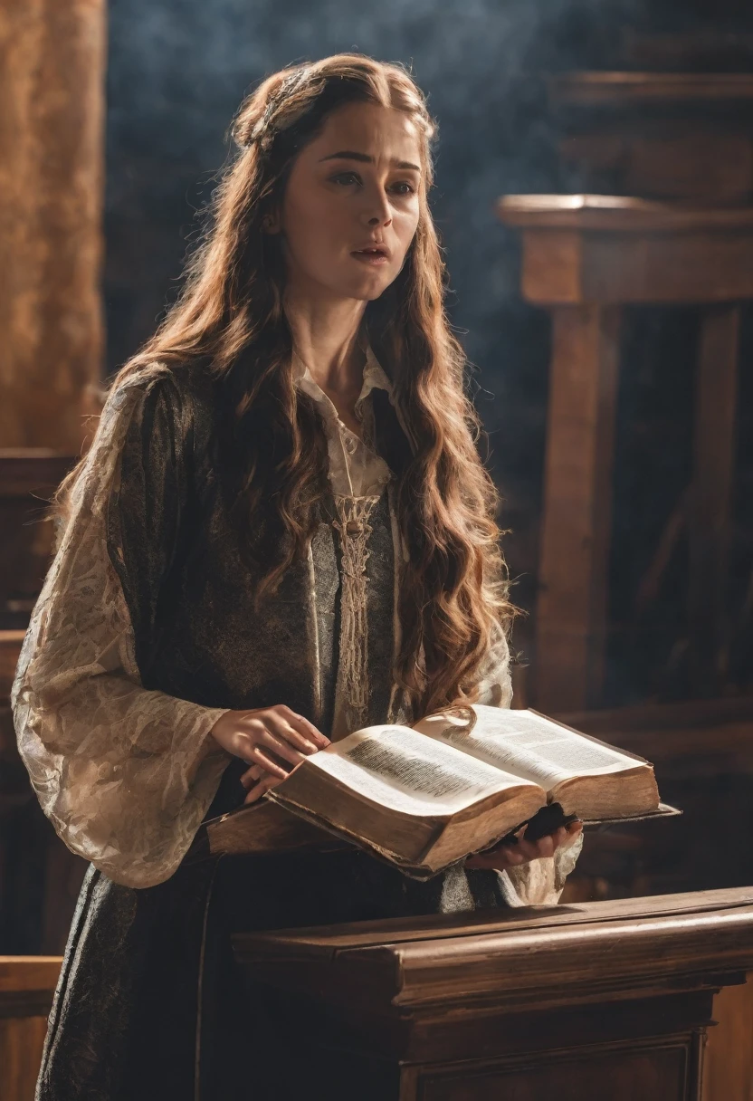 Realistic photograph of a woman with long hair preaching from a wooden pulpit, open Bible on the pulpit, church in the background, dramatic lighting, passionate expression, slightly low front angle, 200mm lens, shallow depth of field, high resolution