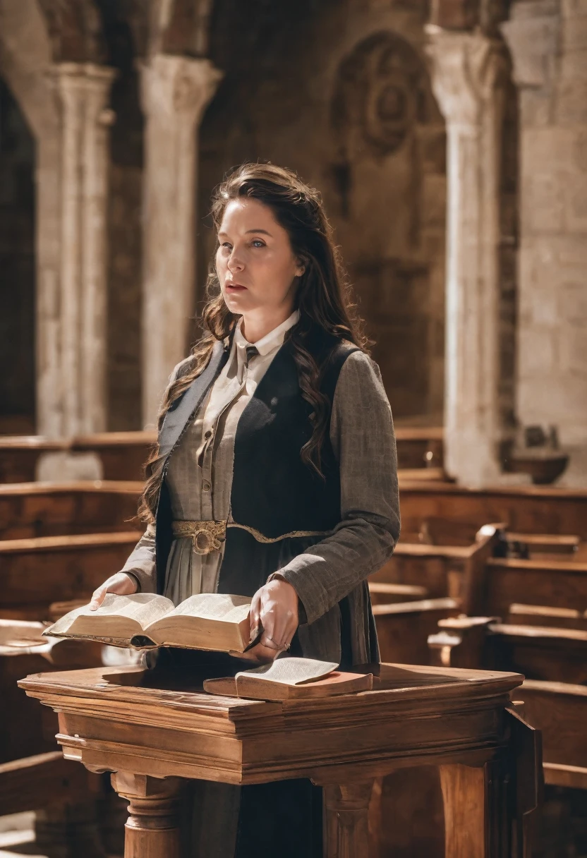 Realistic photograph of a woman with long hair preaching from a wooden pulpit, open Bible on the pulpit, church in the background, dramatic lighting, passionate expression, slightly low front angle, 200mm lens, shallow depth of field, high resolution