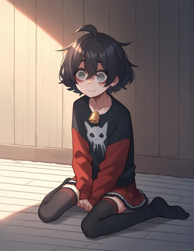 1 girl, alone, ppka, black fur, short hair, messy fur, Ahoge, parts, parts all over the body, grey eyes, empty eyes, blind, nervous, Slight smile, cute look,
black shirt, wide shirt, bell skirt, Red skirt, black striped skirt, long sleeves, sleeves down the shirt, red sleeves with black stripes, long socks, thigh high stockings, black stockings,
sitting on the floor, Sitting on knees 