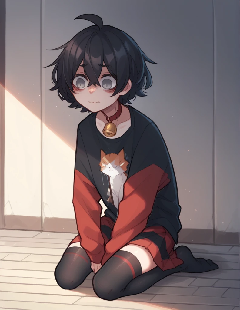 1 girl, alone, ppka, black fur, short hair, messy fur, Ahoge, parts, parts all over the body, grey eyes, empty eyes, blind, nervous, Slight smile, cute look,
black shirt, wide shirt, bell skirt, Red skirt, black striped skirt, long sleeves, sleeves down the shirt, red sleeves with black stripes, long socks, thigh high stockings, black stockings,
sitting on the floor, Sitting on knees 